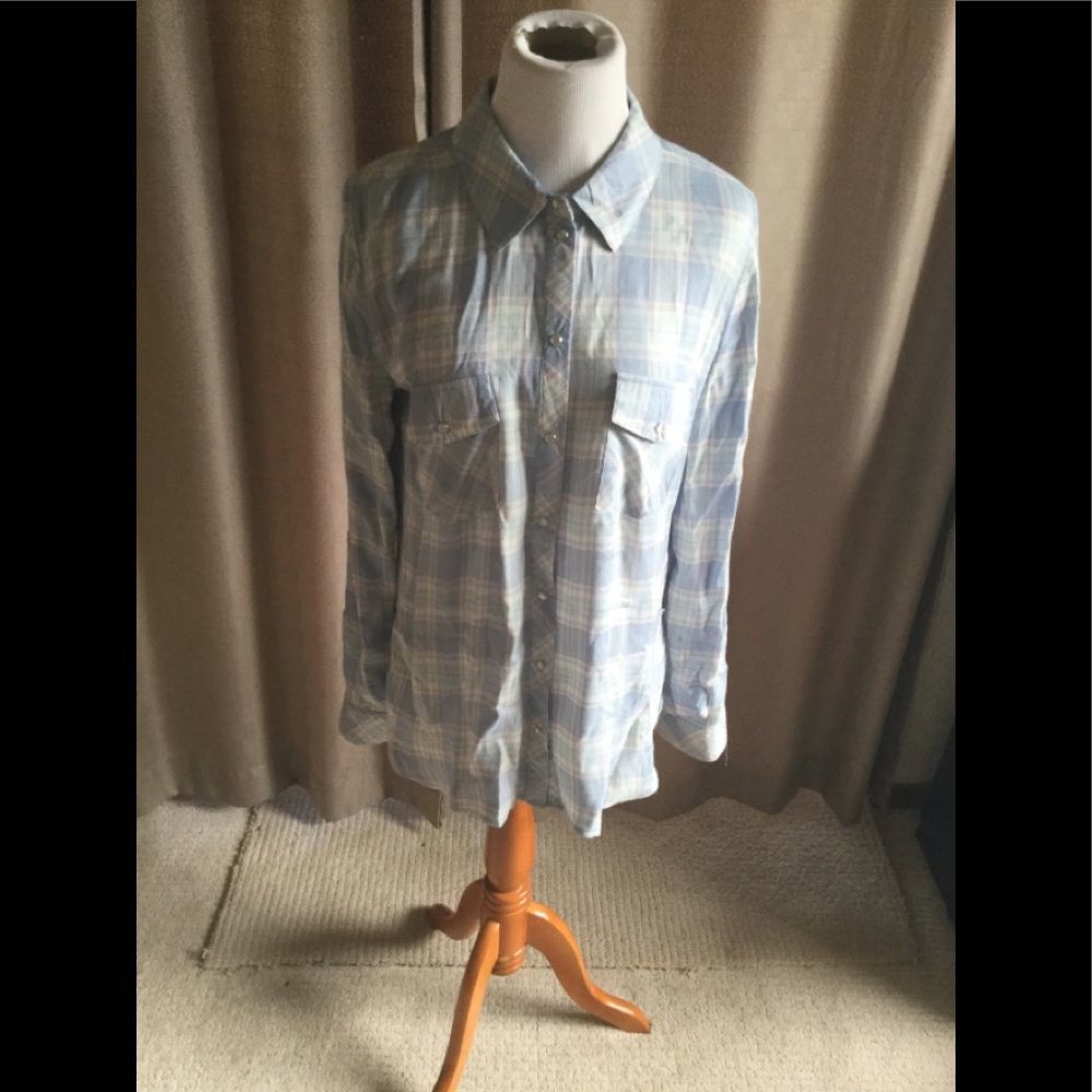 NWT KUT Blue Plaid Cotton Buttondown